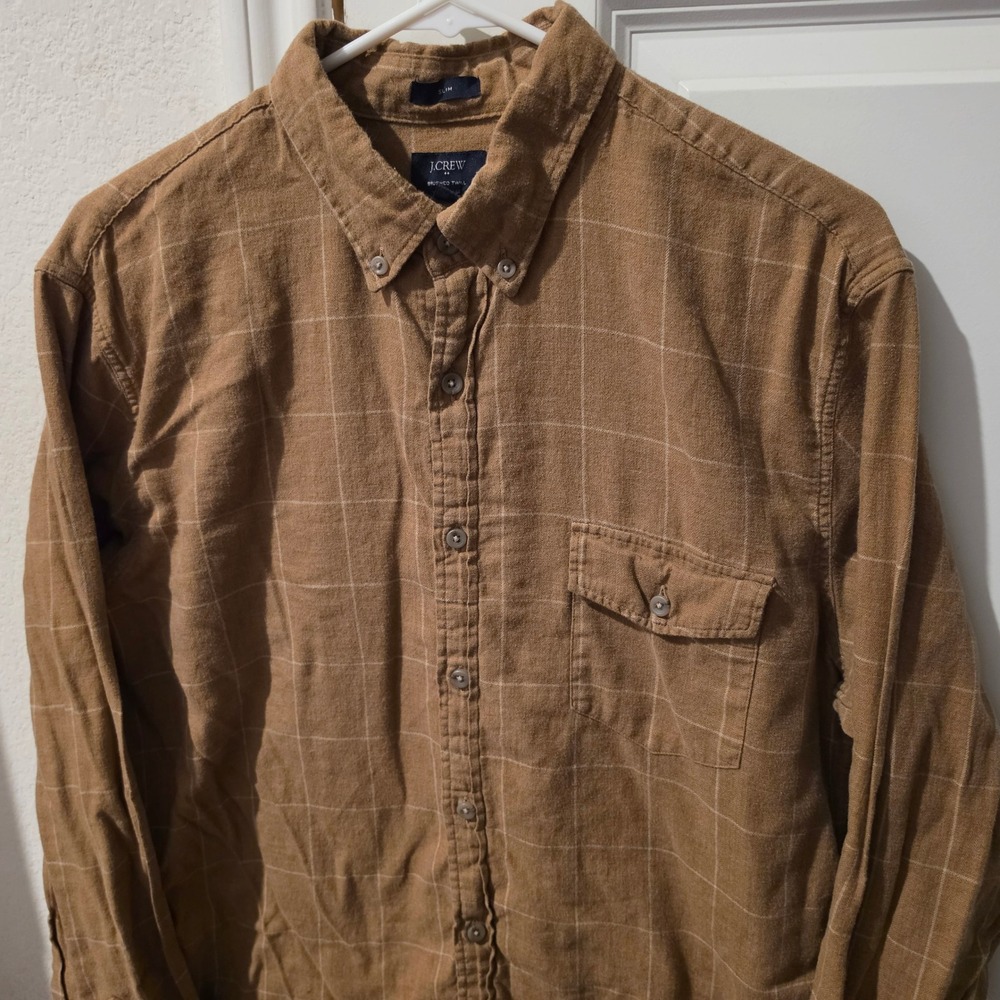 J.Crew Mens Large Slim Brushed Twill Brown Windowpane Plaid Button Down Shirt